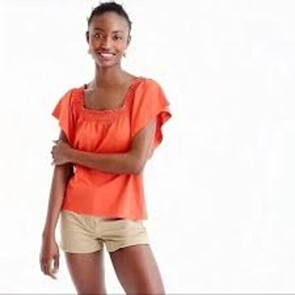 J. CREW Smocked Square Neck Top 100% Cotton Bright Orange Flutter Sleeve Size XS - Picture 1 of 3